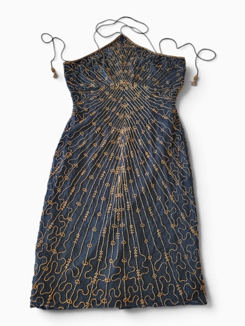 VTG Mes Ami 8 Black Silk Gold Beaded Halter Open Back Cocktail Dress Y2K